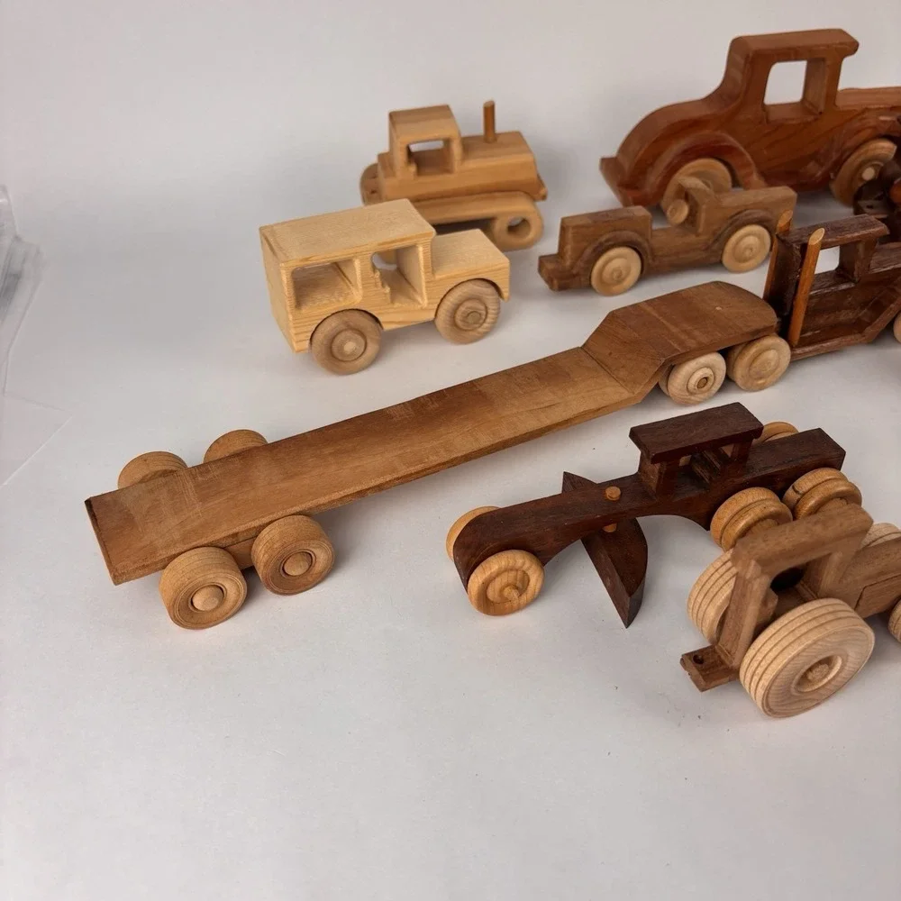 VTG Handmade Wooden Toy Lot (13) Car Truck Bulldozer Grader Tractor Trailer